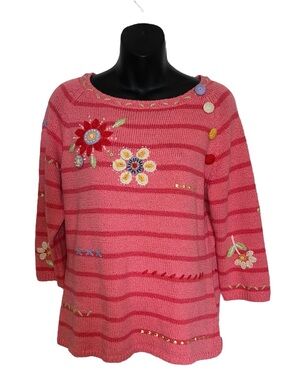 Carson Coral Pink Striped Crochet Embroidered Beaded Ribbon‎ Cotton Sweater sz L